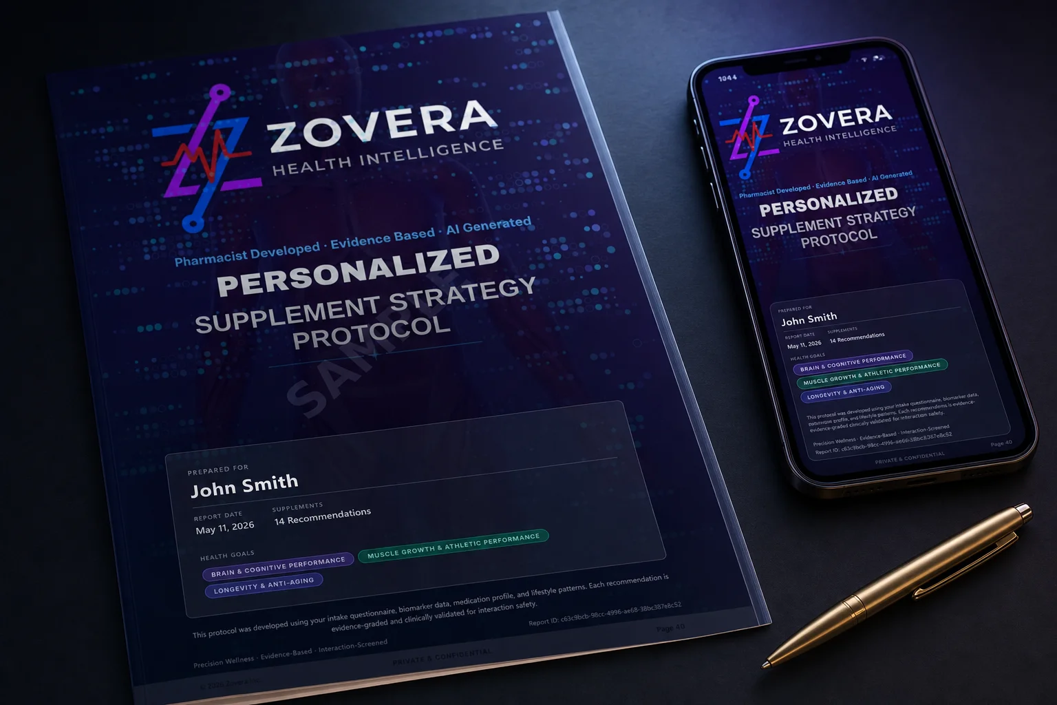 Zovera personalized supplement protocol PDF report printed and on phone