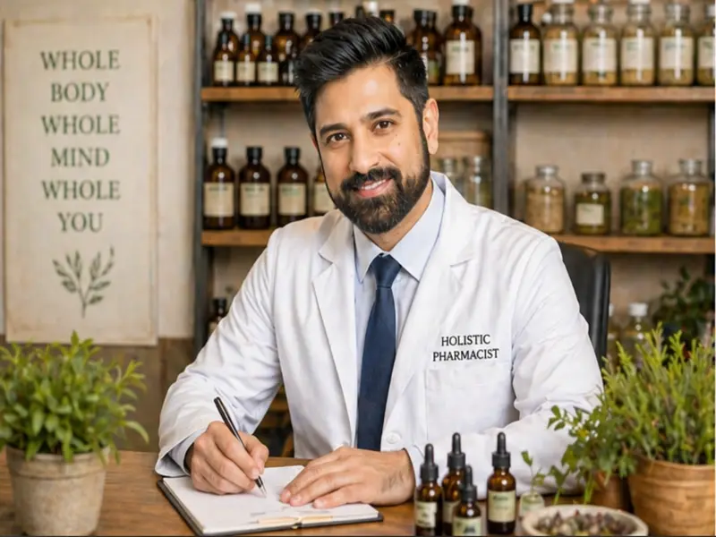Holistic pharmacist reviewing supplement protocols