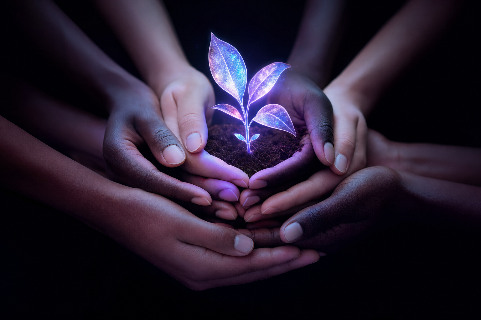 Diverse hands cradling a glowing seedling, representing collective health growth and giving
